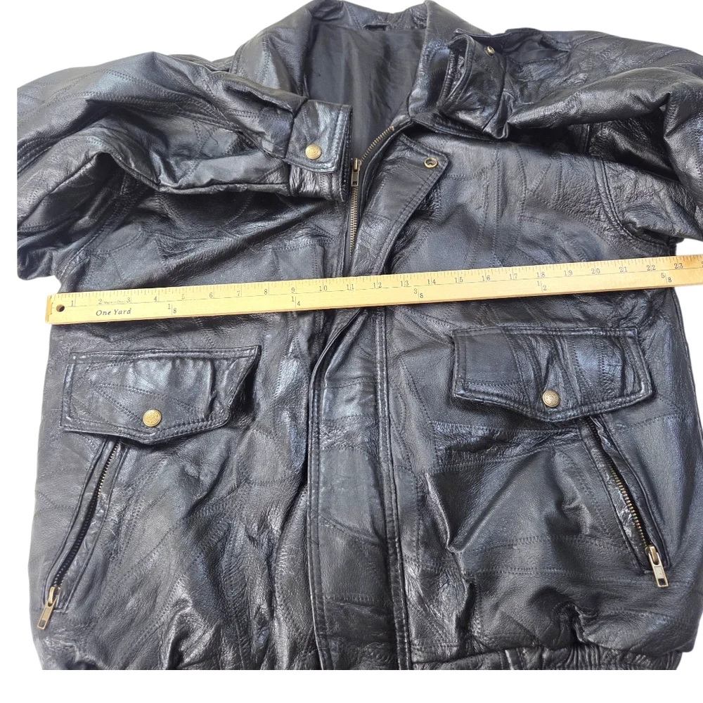 Vintage Patchwork Leather Bomber Jacker Mens Large Black 90s Heavyweight